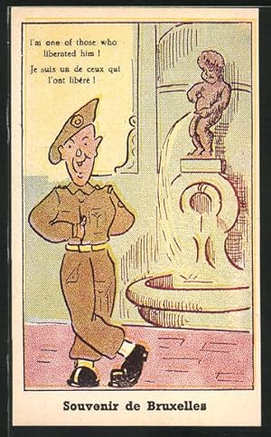 Ansichtskarte Bruxelles, britischer Soldat neben dem Manneken-Pis, Toilettenhumor