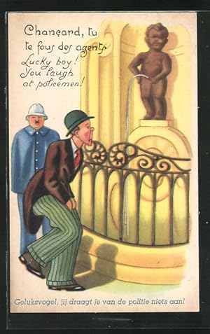 Ansichtskarte Toilettenhumor, Lucky boy! You laugh at policeman!, Manneken-Pis