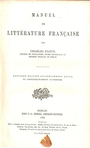 Image du vendeur pour Manuel de litterature francaise mis en vente par JP Livres
