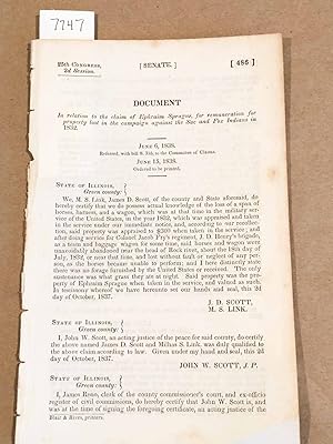 Seller image for Senate Document Claim of Ephraim Sprague for remuneration for property lost in the campaign against the Sac and Fox Indians in 1832 for sale by Carydale Books