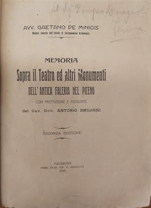 Imagen del vendedor de MEMORIA SOPRA IL TEATRO ED ALTRI MONUMENTI dell'Antica Faleria nel Piceno. Con prefazione e aggiunte del Cav. Dott. Antonio Emiliani. Seconda edizione. a la venta por SCRIPTORIUM Studio Bibliografico