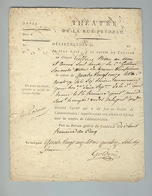 Receipt made out to Carlo Goldoni's nephew and heir for royalties for the performance of "Le Bour...