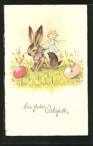 Ansichtskarte Mädchen reitet auf einem Osterhasen, Ein frohes Osterfest!