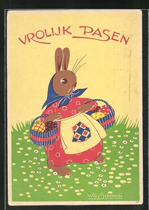 Ansichtskarte Vermenschlichter Osterhase verteilt die Ostereier auf der Wiese, Vrolijk Pasen!