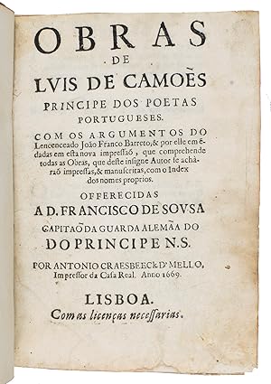 Obras de Luis de Camoès principe des poetas Portugueses. Com os argumentos do Lecenceado João Fra...