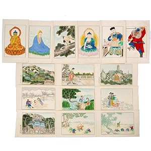 15 Chinese Painted Cards - 20th Century most depicting daily life, with children at play and peop...