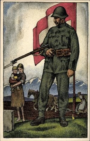 Künstler Ansichtskarte / Postkarte Schweizerische Nationalspende f Soldaten und Familien, Im Schu...