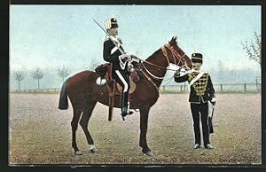 Postcard 13th Hussars Trooper marching order, Regtl. Sergeant Major at Horse's Head, Review Order