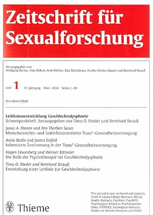 Bild des Verkufers fr Leitlinienentwicklung Geschlechtsdysphorie. Heft 1. 2014. 27. Jg. Zeitschrift fr Sexualforschung. zum Verkauf von Fundus-Online GbR Borkert Schwarz Zerfa