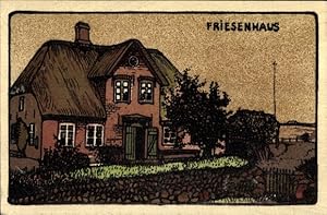 Steindruck Ansichtskarte / Postkarte Friesenhaus mit Reetdach
