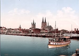 Köln am Rhein mit der Schiffbrücke von Deutz aus vintage print Deutschland 