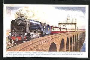 Postcard englische Eisenbahn, North Eastern Region A1 Class Locomotive hauling a Pullman car Train