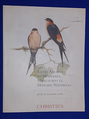 Bild des Verkufers fr Livres anciens et modernes, manuscrits et histoire naturelle. [ Christie's Paris, auction catalogue, sale date: 23 November 2006]. zum Verkauf von Wykeham Books