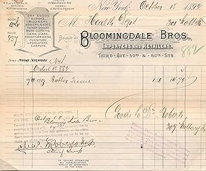 Bild des Verkufers fr A Pair of "Bloomingdale Bros." invoices to the New York City Dept. of Health for purchases of "Rubber Tissue," October 15, 1892 and of "2 Bureaus," August 28, 1896, each with a different design zum Verkauf von Schulson Autographs, Ltd.