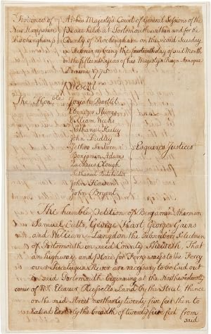 Seller image for MANUSCRIPT PETITION BY THE SELECTMEN OF PORTSMOUTH TO SET ASIDE LAND FOR A "HIGHWAY AND PLACE" FOR A FERRY ACROSS THE PISCATAQUA RIVER, CONNECTING PORTSMOUTH WITH KITTERY, MAINE] for sale by William Reese Company - Americana