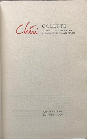 Cheri. Translated by Janet Flanner; Introduction by Wallace Fowlie.
