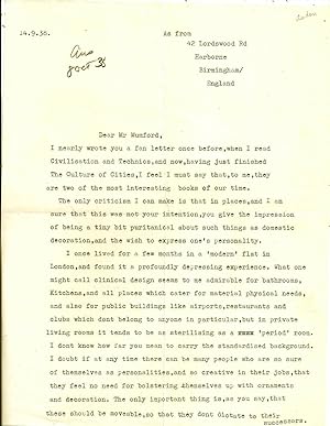 TYPED LETTER SIGNED (TLS) to Lewis Mumford Auden Writes a Fan Letter to Lewis Mumford