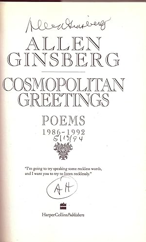 Seller image for COSMOPOLITAN GREETINGS. POEMS 1986-1992 for sale by Charles Agvent,   est. 1987,  ABAA, ILAB