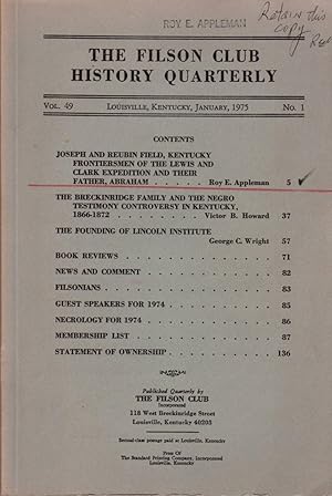 Image du vendeur pour The Filson Club History Quarterly; Vol. 49, No. 1; Louisville, Kentucky; January, 1975 mis en vente par Clausen Books, RMABA