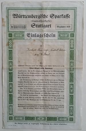Württembergische Sparkasse (Landessparkasse) Stuttgart. Gegründet 1818. Einlageschein.