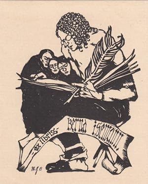 Imagen del vendedor de Ex libris Bernd [Berndhard Alfred] Isemann [Mnchener Schriftsteller, 1881-1967]. Sitzender mit Federkiel und Percke, Buch haltend, daneben drei Neugierige, das Buch betrachtend. a la venta por Antiquariat  Braun