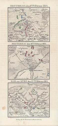 Seller image for Montmiral den 11ten Februar 1814, Montreau den 18ten Februar 1814, Bar sur Aube den 27ten Februar 1814. Stahlstich von 1841. for sale by ANTIQUARIAT Franke BRUDDENBOOKS
