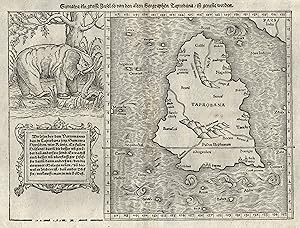 Bild des Verkufers fr Holzschnitt- Karte, aus Mnster's Cosmographia, "Taprobana - Sumatra ein grosse Insel/so von den alten Geographen Taprobana / ist genent worden.". zum Verkauf von Antiquariat Clemens Paulusch GmbH