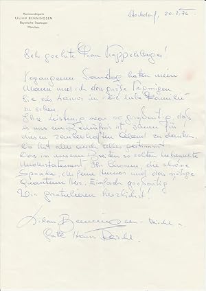 Handgeschriebener Brief der Kammersängerin Lilian Benningsen an Schauspielerin Ruth Kappelsberger...