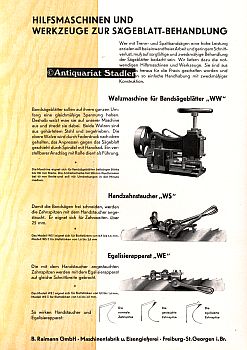 Hilfsmaschine und Werkzeuge zur Sägeblatt-Behandlung. Firmenprospekt.