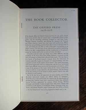 Seller image for The Oxford Press 1478-1978. [Offprint from The Book Collector, Autumn 1978] for sale by James Fergusson Books & Manuscripts