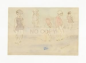 Dessin original encre brune lavis d'aquarelle "Six femmes légèrement vêtues" (sans doute des femm...