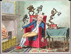 THE HEAD ACHE. A man, thin, elderly, and bald, leans back despairingly in an arm-chair by the f...