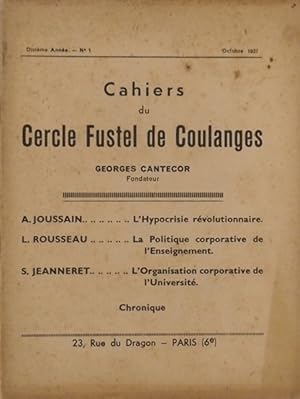 Imagen del vendedor de Cahiers du Cercle Fustel de Coulanges. Dixime anne. N 1. A. Joussain - L. Rousseau - S. Jeanneret Octobre 1937. a la venta por Librairie Et Ctera (et caetera) - Sophie Rosire