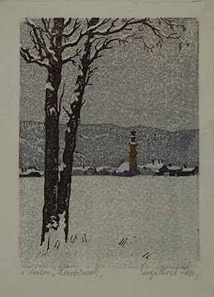 Seller image for Farbholzschnitt "Winter" auf Japanpapier, rechts unten eigenhndig mit Bleistift signiert, links unten bezeichnet u. "Handdruck" um 1930, 12,5 x 9 cm (15 x 11 cm Blattgr.) for sale by Antiquariat Johannes Mller