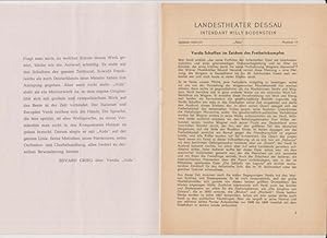 Bild des Verkufers fr Landestheater Dessau. Heft 17 der Spielzeit 1954 / 1955. - Mit Besetzungsliste zu: Aida ( Oper von Antonio Ghislanzoni, Musik: Giuseppe Verdi ). - Inszenierung: Willy Bodenstein. - Bhnenbild und Kostme: Manfred Schrter. - Darsteller: Karl Hamann, Magdalena Gntzel, Emmy Prell, Hans Michel, Willy Jackont. - Tnze: Brigitte Thom, Ellen Meisner , Erhard Treffkorn u. a. - Weiterer Inhalt: Verdis Schaffen im Zeichen des Freiheitskampfes / Handlung der Oper / Entstehungsgeschichte / gypten zur Zeit der Pharaonen. zum Verkauf von Antiquariat Carl Wegner