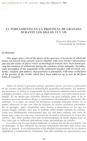 Seller image for EL POBLAMINETO EN LA PROVINCIA DE GRANADA DURANTE LOS SIGLOS VI Y VII (EXTRAIDO ORIGINAL DEL AO 1988, ESTUDIO COMPLETO TEXTO INTEGRO for sale by Libreria 7 Soles