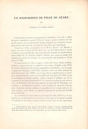 Seller image for UN MANUSCRITO DE FELIX DE AZARA (EXTRAIDO ORIGINAL DEL AO 1935, ESTUDIO COMPLETO TEXTO INTEGRO) for sale by Libreria 7 Soles