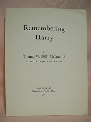 Imagen del vendedor de REMEMBERING HARRY a la venta por Robert Gavora, Fine & Rare Books, ABAA
