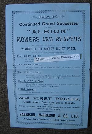 Flyer/ Poster for list of Season 1892 Prizes for Albion Mowers and Reapers, Season,
