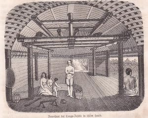 Original-Holzschnitt von 1864:Bewohner der Tonga-Inseln in ihrem Hause,