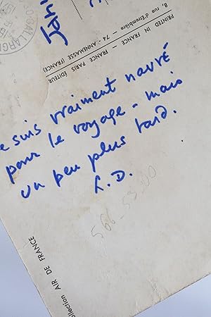 Carte postale autographe signée adressée à Jani Brun : "je suis vraiment navré pour le voyage"