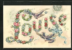 Präge-Ansichtskarte Vögel umschwirren den Schriftzug Louise, Namenstag