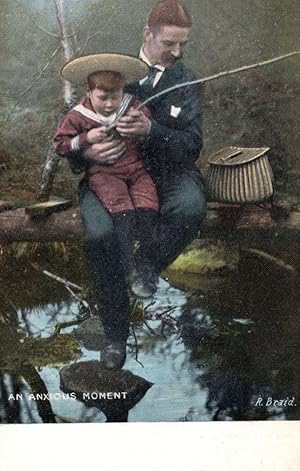 Seller image for An Anxious Moment Father & Child Fishing Disaster River Edge Postcard for sale by Postcard Finder