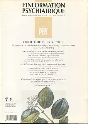 Seller image for L'Information Psychiatrique. - Revue mensuelle des Psychiatres des Hpitaux. - N 10 - Volume 74 - Libert de prescription. for sale by PRISCA