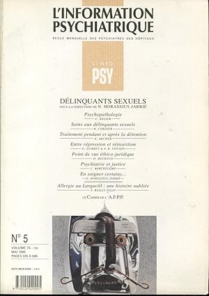 Bild des Verkufers fr L'Information Psychiatrique. - Revue mensuelle des Psychiatres des Hpitaux. - N 5 - Volume 74 - Dlinquants sexuels. zum Verkauf von PRISCA