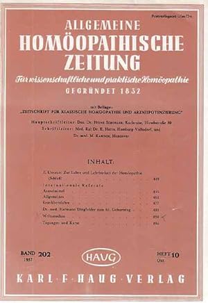 Imagen del vendedor de Band 202. Heft 10. 1957. Allgemeine Homopathische Zeitung. Fr wissenschaftliche und praktische Homopathie. a la venta por Fundus-Online GbR Borkert Schwarz Zerfa