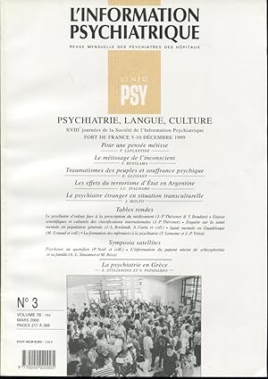 Immagine del venditore per L'Information Psychiatrique. - Revue mensuelle des Psychiatres des Hpitaux. - N 3 - Volume 76 - Psychiatrie, Langue, Culture (XVIII Journes de la Socit de l'Information Psychiatrique, Fort-de-France, 5-10 dcembre 1999). venduto da PRISCA