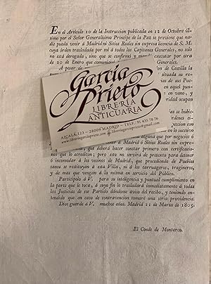 Conde de Montarco. Real Licencia para entrar en Madrid. Pasaportes. 1805