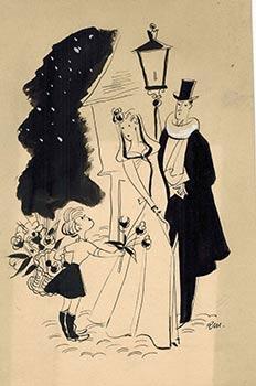 An insolent child offering flowers to an elegant couple. Design for the cosmetics brand "Soir de ...