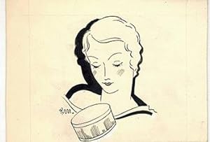A Woman looking down at a makeup kit. Design for the cosmetics brand "Soir de Paris." Original dr...
